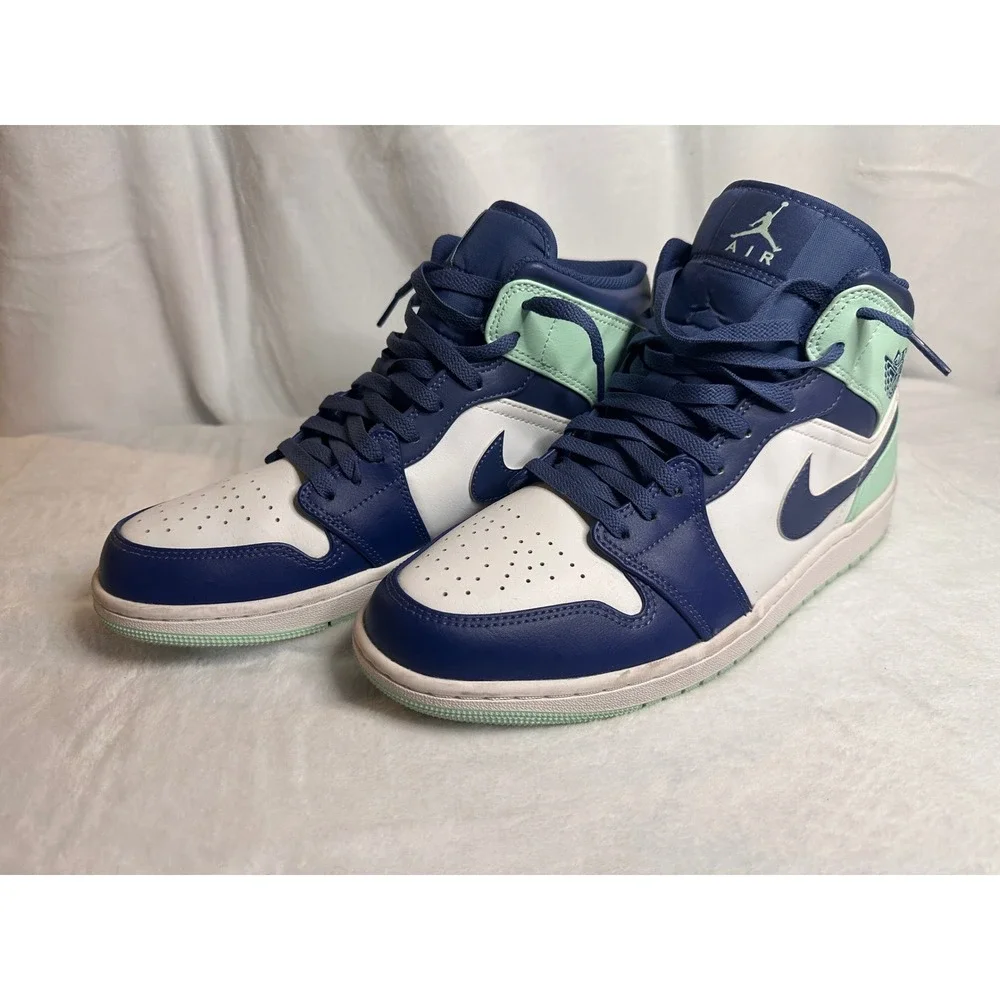 Air Jordan 1 Mid Blue Mint Navy White Sneakers 554724-413 Mens 10.5
